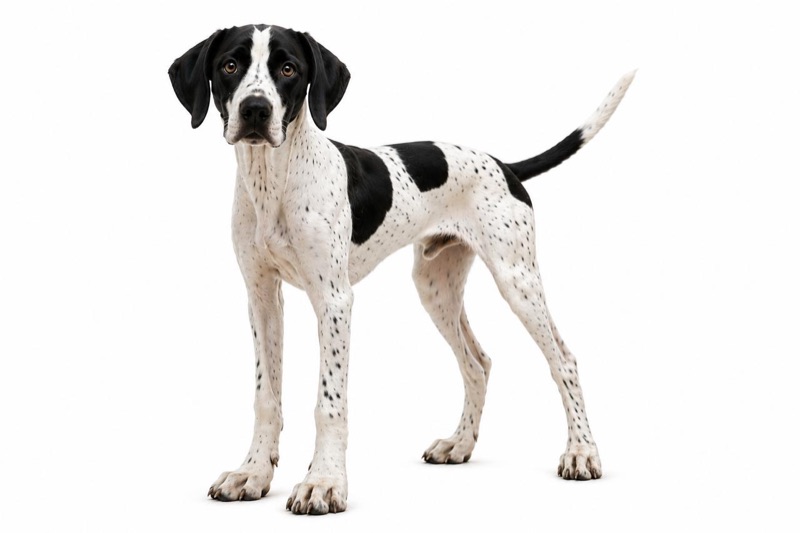 Photo of Frank, a black-and-white pointer dog standing on a white background